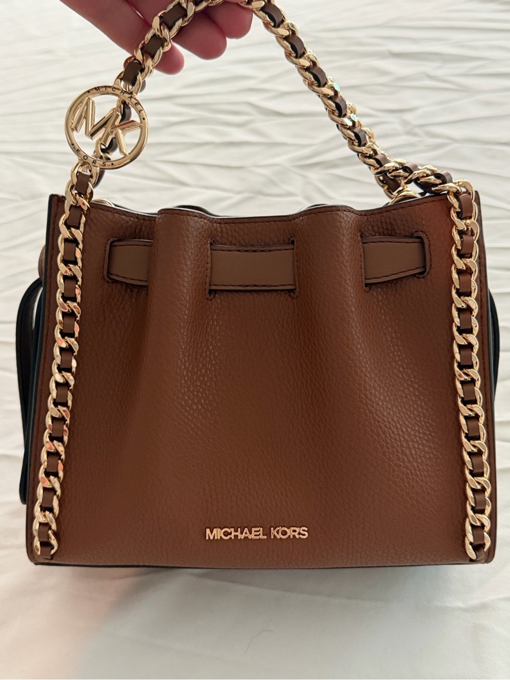 Michael Kors Brown Pebbled Leather Shoulder Bag with Gold Chain